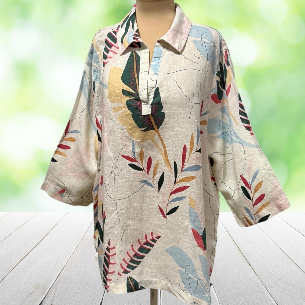 CYNTHIA ROWLEY 100% Linen Tunic Shirt Collared Leaf Print Boho Artsy Plus 2X